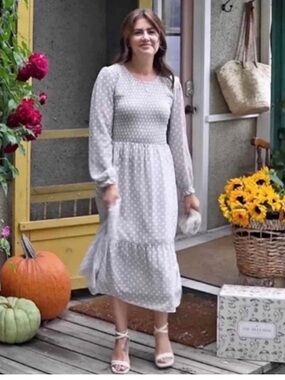 Mad About Style Jilly Box Smocked Bodice Polka Dot Midi Dress in Light Gray